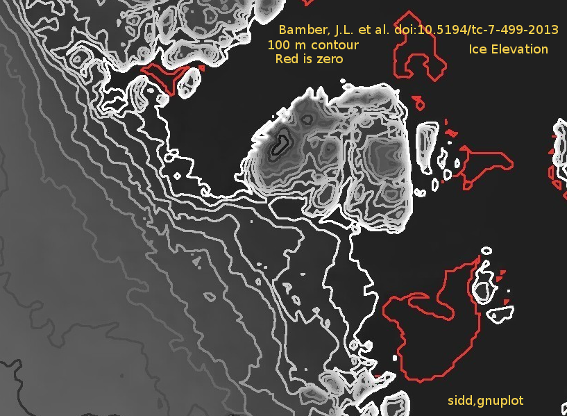 Contours of ice surface on
Nioghalvfjerdsfjorden and Zachariae Isstrom.